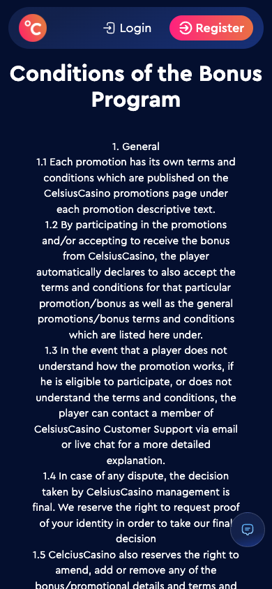 Introduction des conditions officielles de bonus Celsius, en anglais